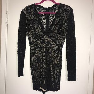Bebe Black Lace Romper with nude underlay size 6
